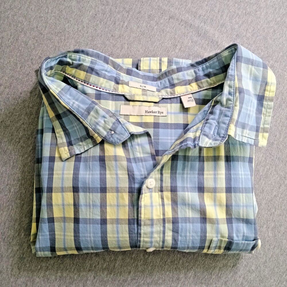 Hawker Rye Button Up Short Sleeve Shirt Size 3XL Blue Yellow Plaid Stretch